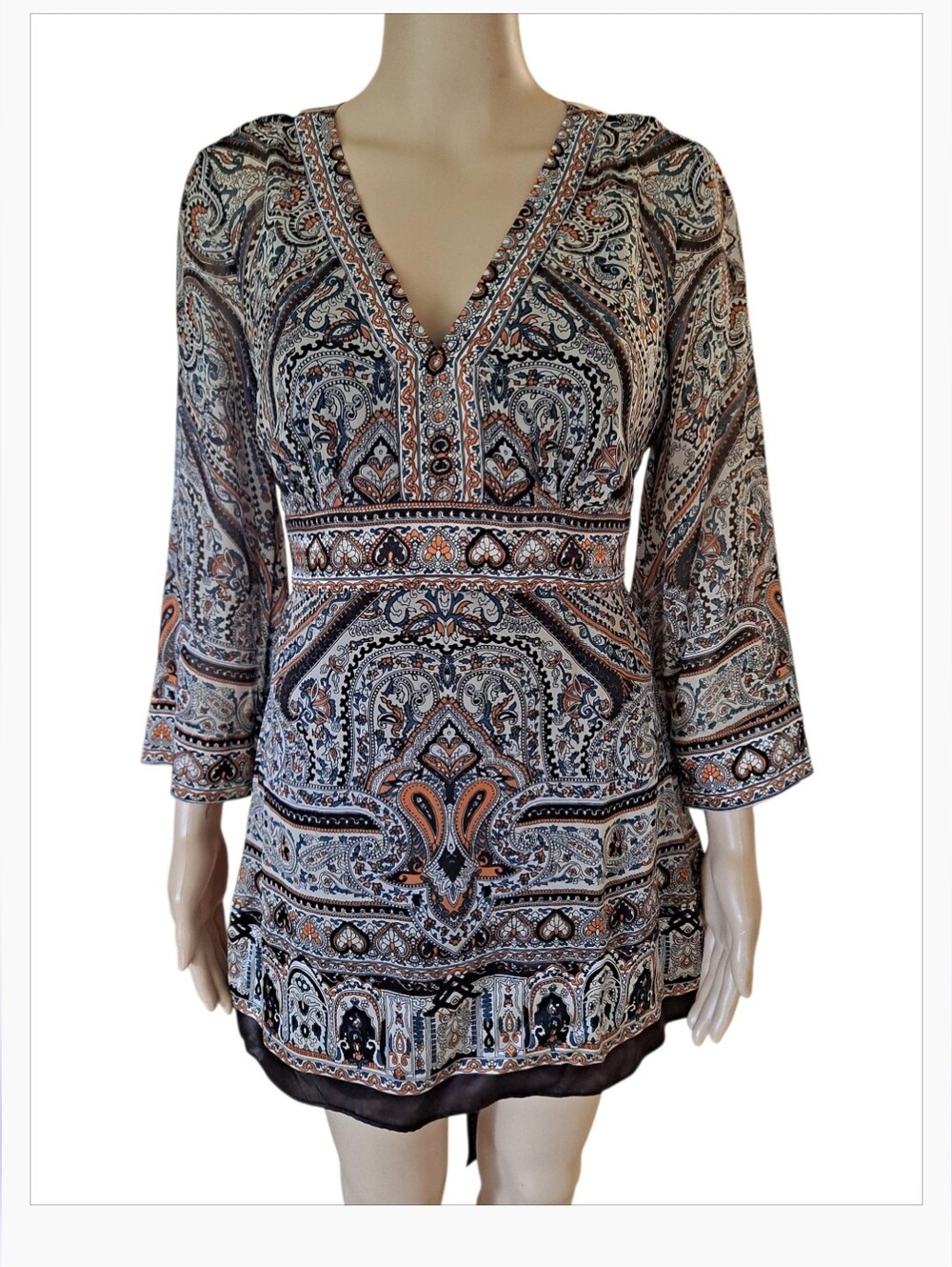 INC Concepts Silk Paisley V-Neck Sheer Tunic Top with Tie Waist - Multi Colored
